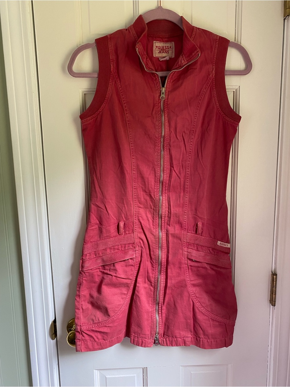 Vintage Y2K GUESS Jeans Coral-Pink Sleeveless Utility Mini Dress